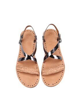 UGG Jordynne Flat Sandals Womens 5 Brown Silver Braided Leather Buckle Open Toe